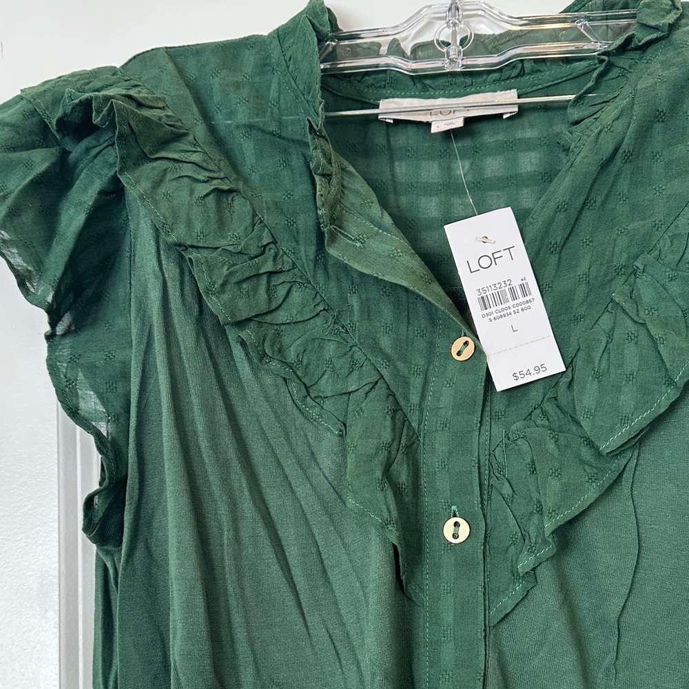 LOFT Dark Green Ruffled Button-Front Blouse - Picture 5 of 7